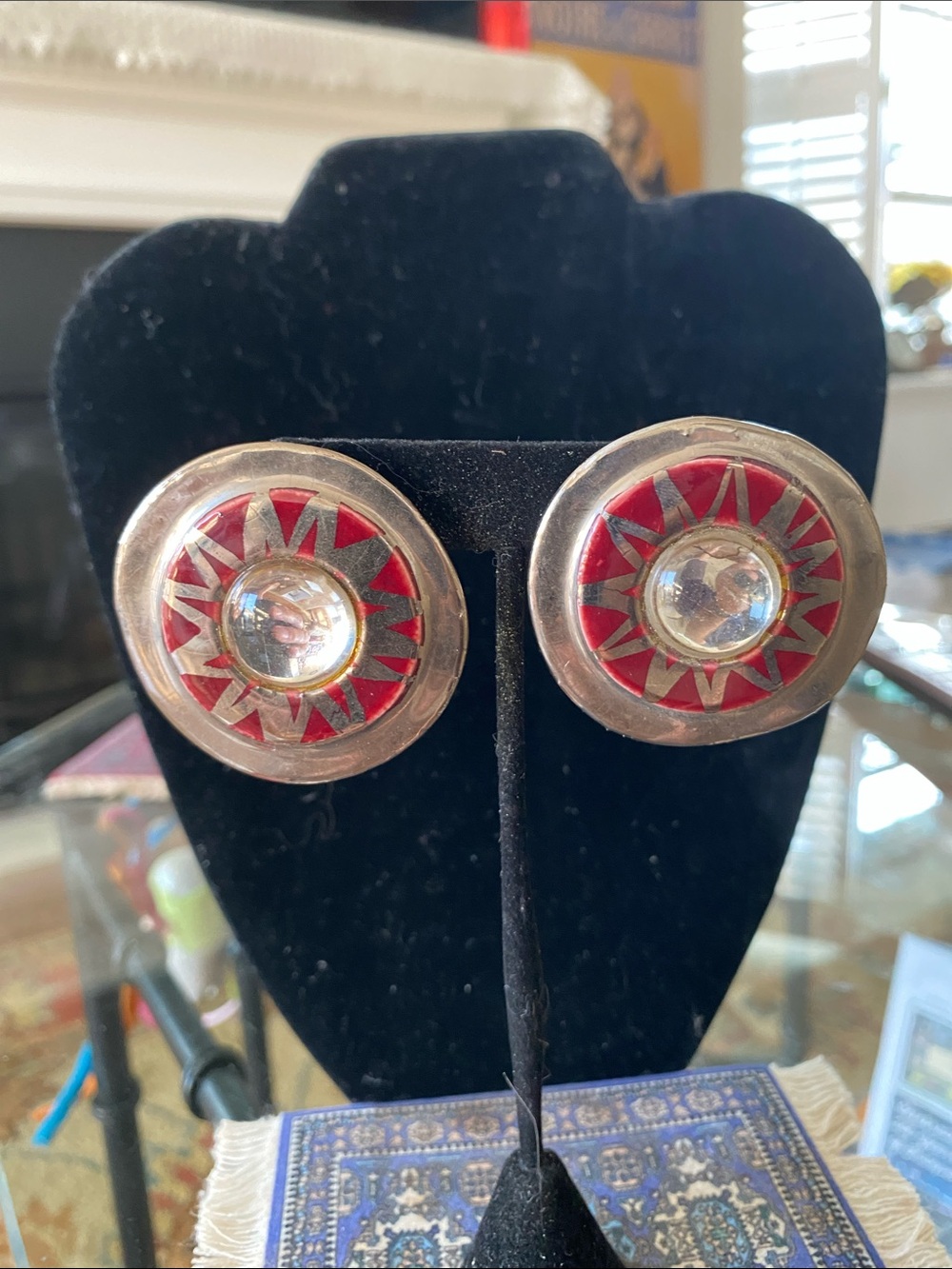 Sterling Silver Red Sunburst Clip-On Earrings - Unbranded